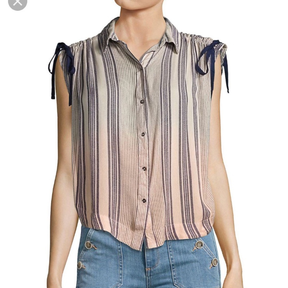 NWOT Free People blue striped button up top Sz L